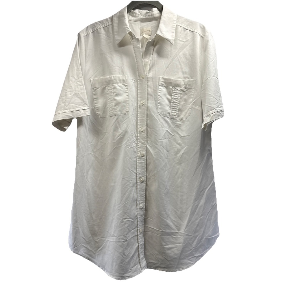 Chicos Women's Tunic Top Blouse Size Medium White‎ Short Sleeve Button Up Slits